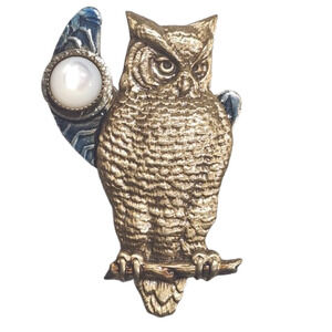 Textured Detailed Owl Crescent Moon Moonstone Pin Brooch Kiola Designs?